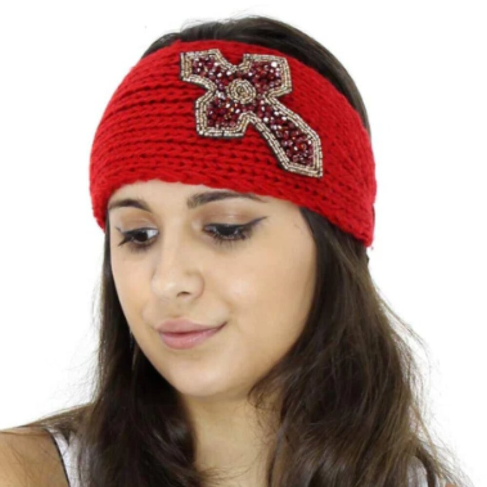 VERY MODA Red Knit‎ Sequin Cross Embellished Headband One Size NWT